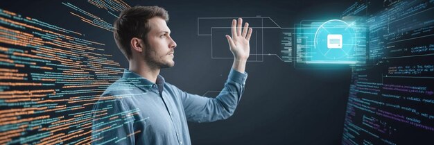 coder with layers of abstract programming code and holographic projections