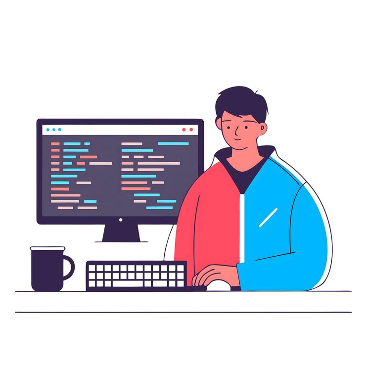 Photo coder at work a programmer with a computer and code