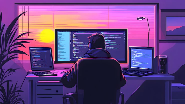 Photo coder working on an html5 canvas with animated elements dynamic web content creation engaging digital design