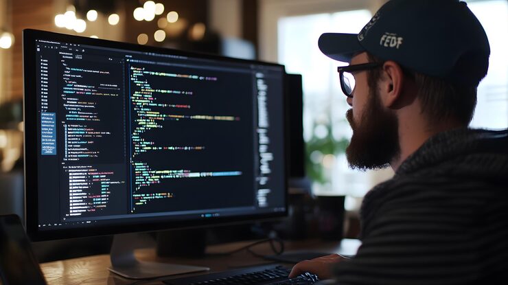 Фотография кодировщик, работающий на холсте html5 с анимированными элементами, создание динамического веб-контента с привлечением цифрового дизайна