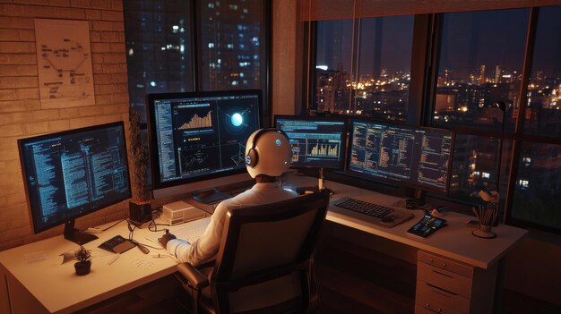 coder working late at night in a modern office with multiple monitors displaying data and code