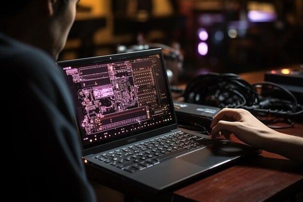 कोडर पोर्टेबल कंप्यूटर का उपयोग करके उपयोगकर्ता इंटरफ़ेस पर काम कर रहा है