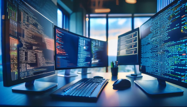 Codering en programmering praktijken met elementen zoals computerschermen met code programmeringstalen en codering symbolen die software ontwikkeling technische vaardigheden en programmering activiteiten symboliseren