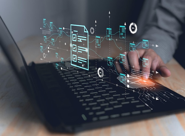 Codering programma voor gebruik ai management document conceptFTP-bestanden ontvanger en computer back-up kopie Bestanden delen isometrisch Uitwisseling van informatie en gegevens met internet cloud technologie