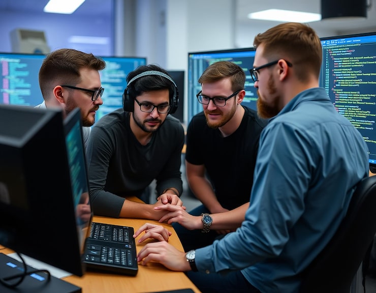 Photo coders discussing about source code compiling discovers errors and asks the rest of the team for explanations in front of multiple screens running algorithms software developers doing teamwork
