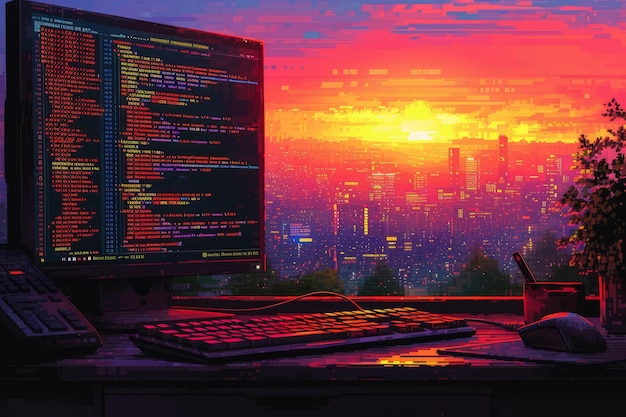Photo a coders dream coding with a beautiful sunset view