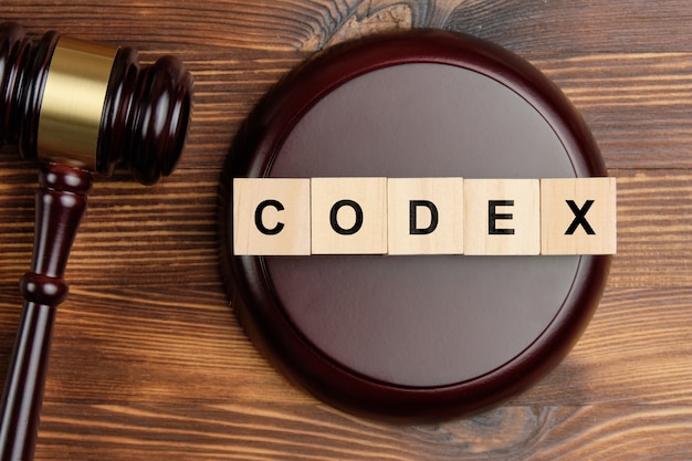 Codex word on wooden blocks next to judge hammer