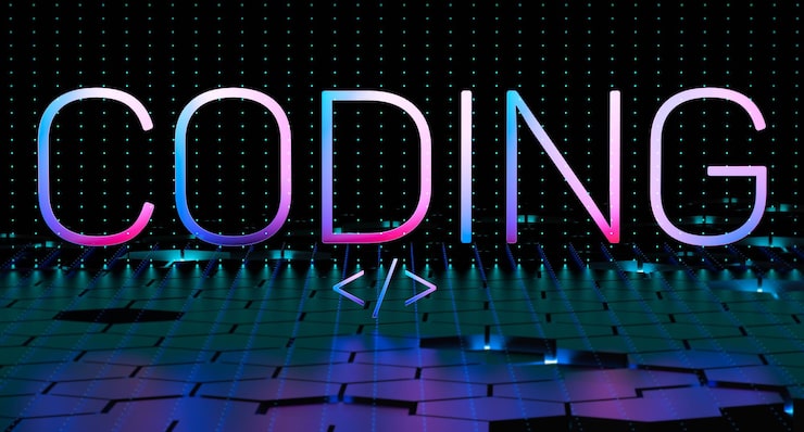 Photo coding concept word coding with neon illuminated background with blur coding or hacker 3d render illustration