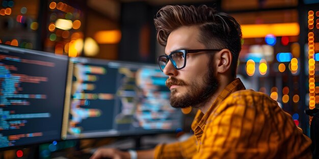 coding in a data center server room a programmer at work concept data center server room programmer coding technology