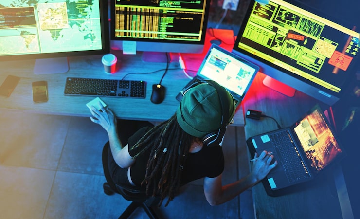Photo coding hacker woman programmer and computer work for cybersecurity programming and big data hack above dashboard and technology of a female working on futuristic iot and software database