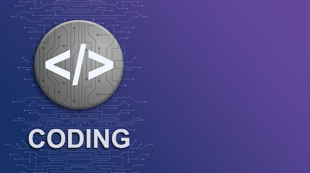 Coding icon with lettering on technology gradient background with circuit elements 3d