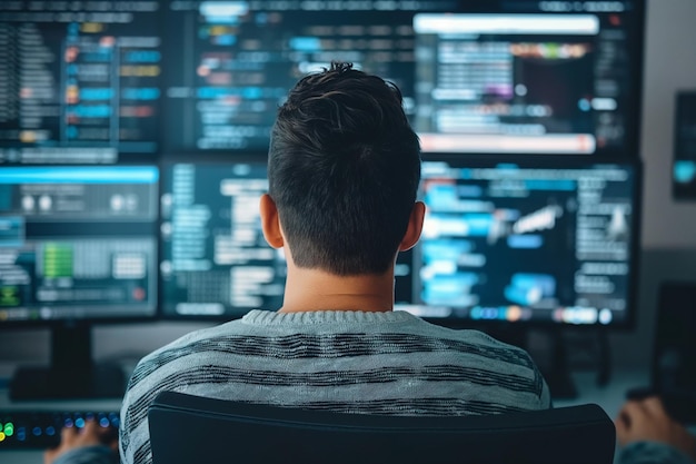 coding man coding on a computer back view a man coding on a computer back view a coder in his work
