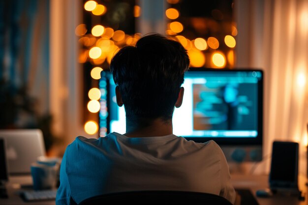 coding man coding on a computer back view a man coding on a computer back view a coder in his work