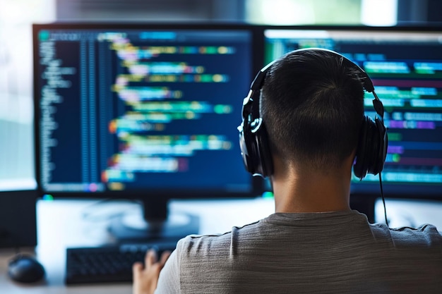 coding man coding on a computer back view a man coding on a computer back view a coder in his work