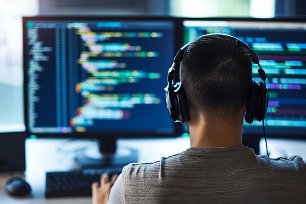 coding man coding on a computer back view a man coding on a computer back view a coder in his work