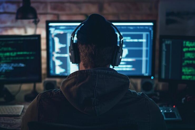 Photo coding man coding on a computer back view a man coding on a computer back view a coder in his work