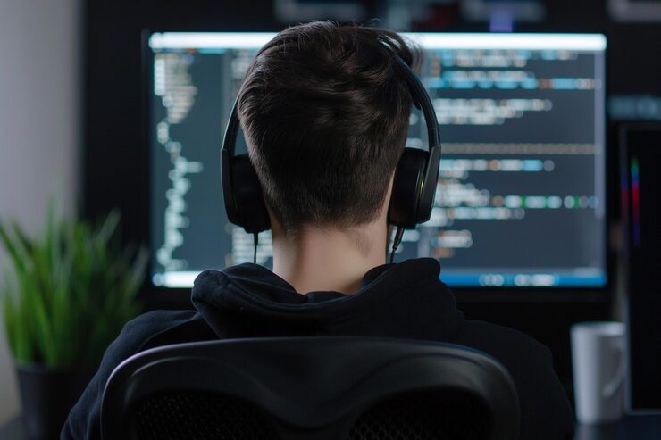 Photo coding man coding on a computer back view a man coding on a computer back view a coder in his work