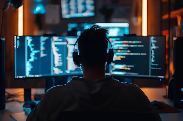 プログラミング コンピューターでプログラミング バックビュー コーディング コンピューターでのプログラミング
