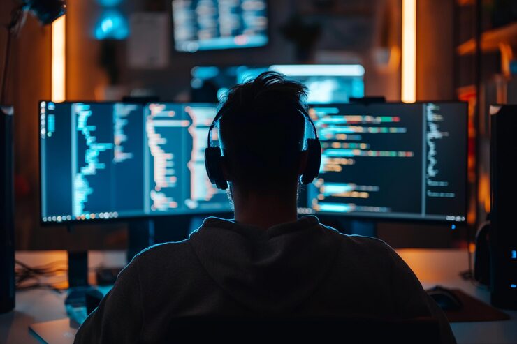 Photo プログラミング コンピューターでプログラミング バックビュー コーディング コンピューターでのプログラミング