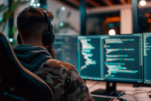 coding man coding on a computer back view a man coding on a computer back view a coder in his work