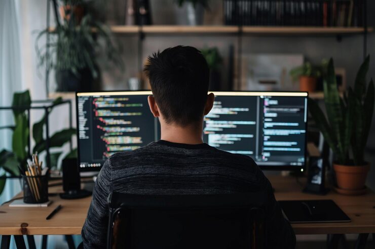 Photo coding man coding on a computer back view a man coding on a computer back view a coder in his work