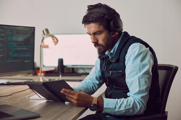 Photo coding man writing notes and programmer software update and work night with information technology and code cybersecurity ux and network with wifi web design and cyber space with cpu programming