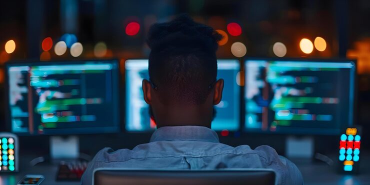 Photo coding in a modern workspace a software developer surrounded by tech gadgets concept tech gadgets software development modern workspace coding software developer