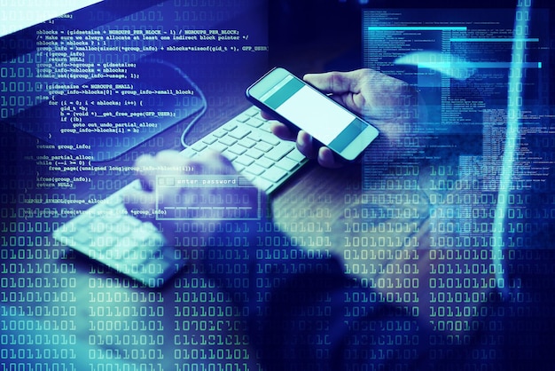 coding overlay and hacker hands with phone for malware banking fraud and cyber crime night database and cybersecurity attack with computer coder and criminal with hacking programming at desk