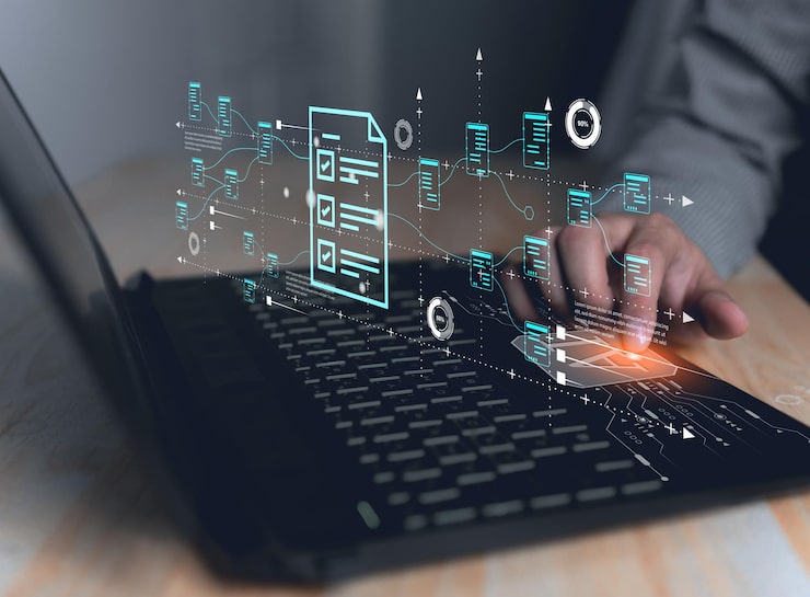 Coding program for use ai management document conceptFTP files receiver and computer backup copy File sharing isometric Exchange information and data with internet cloud technology