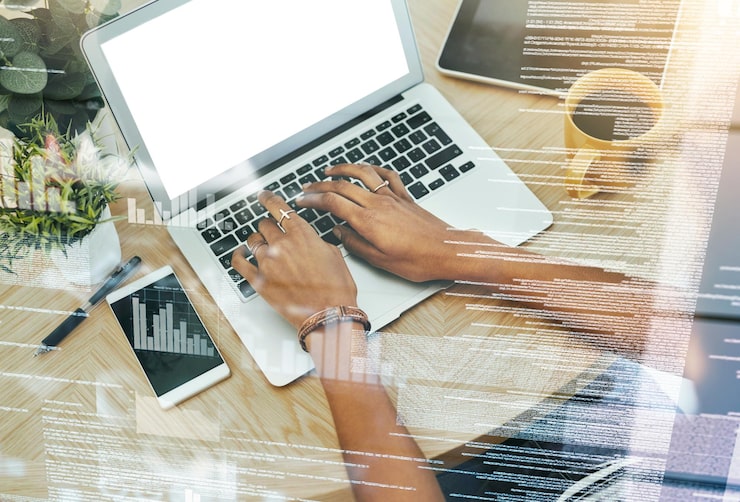 Photo coding programming and digital cyber security by hands in the office typing on laptop working on backend of website glitch hacker and person writing code online internet or web with hologram