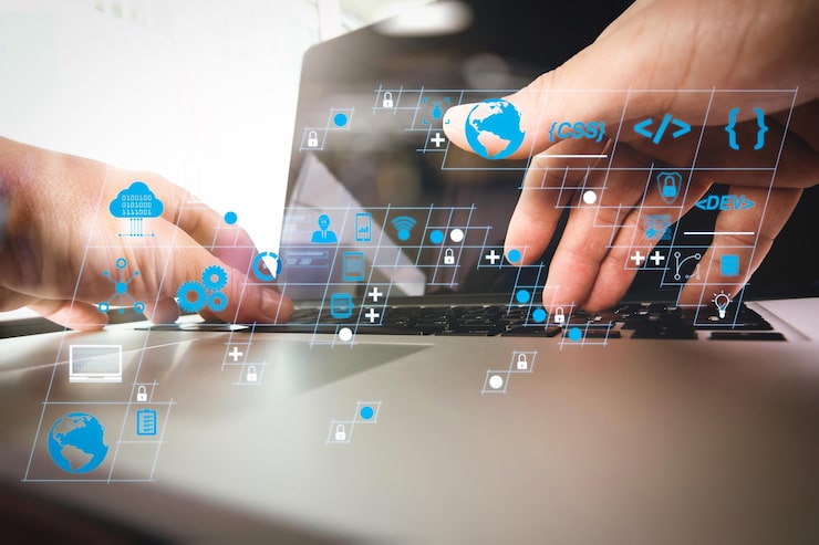 Photo coding software developer work with ar new design dashboard computer icons of scrum agile development and code fork and versioning with responsive cybersecurityclose up of business man hand working