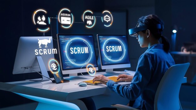코딩 소프트웨어 개발자는 증강 현실 대시보드 컴퓨터 아이콘과 함께 스크럼 애질을 사용합니다.