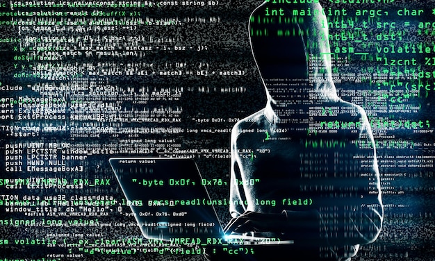 Coding and theft concept Hacker with laptop and abstract coding text on blurry background Multiexposure