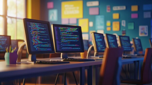 coding workspace with multiple computers displaying programming languages in use