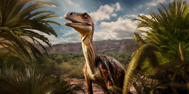 Coelophysis-dinosaurus uit de Trias-periode Dinosaurus met grote tanden tussen palmbomen