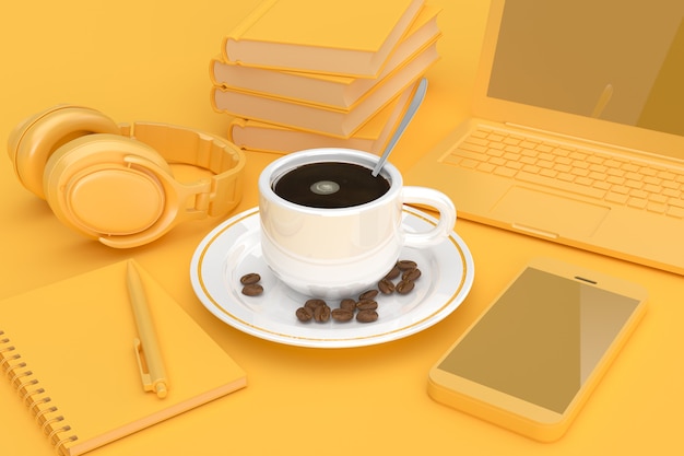 Tazza di caffè con chicchi di caffè begirt da cellulare, libri, laptop, blocco note e cuffie in chiave gialla su sfondo giallo. rendering 3d