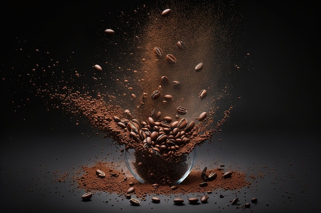 Photo coffe beans splash in cup. 3d photorealistic shot.