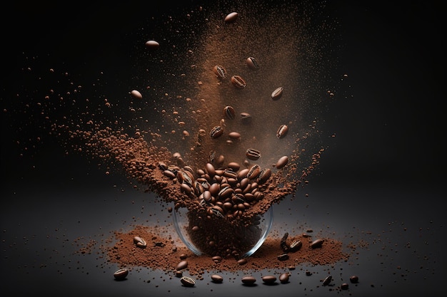 Фото Кофейные зерна выплескиваются в чашку. 3d фотореалистичный снимок.