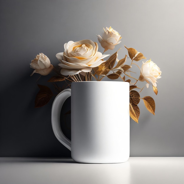 Coffe cup with flowers on the table for mockup