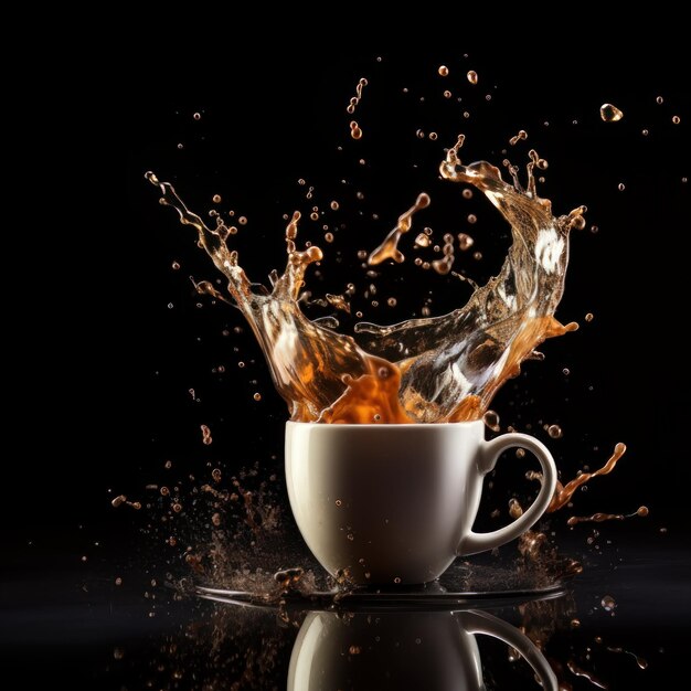 Coffe splash in mug on black background