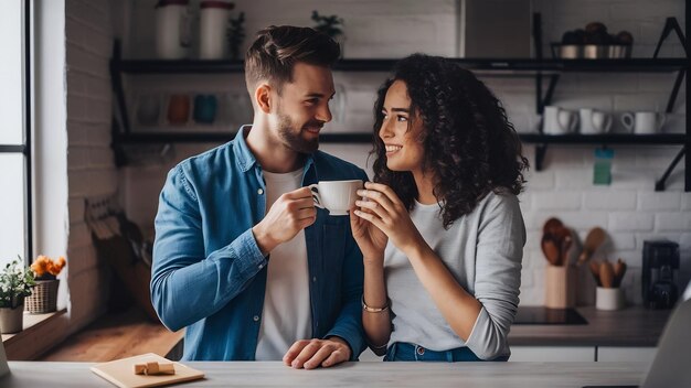 Coffe time at house romantic young couple drinking coffee in home kitchen holding cup