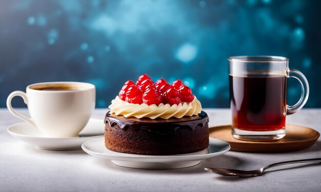 사진 커피와 초콜릿 케이크 디저트 커피 라테와 크림 케이크