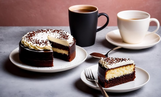 사진 커피와 초콜릿 케이크 디저트 커피 라테와 크림 케이크