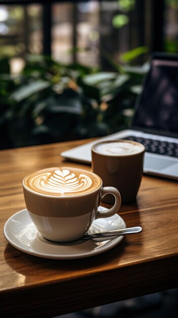 写真 机の上にコーヒーとラップトップ