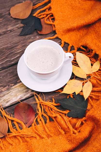 コーヒーと木の背景に紅葉