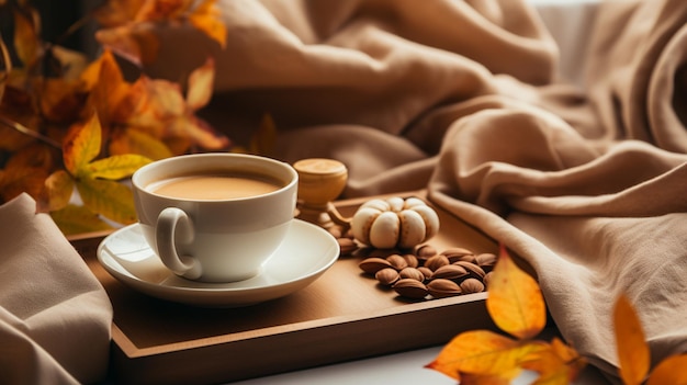 coffee autumn mood a cup with a scarf a scarf on a white background autumn mood