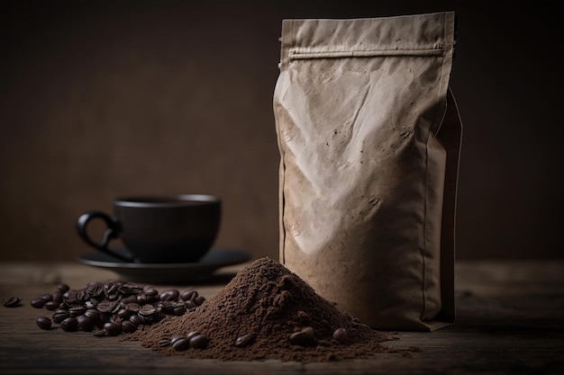 Coffee bag packaging on isolated background with coffee beans