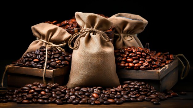 Coffee bag wrapped in coffee beans Generative Ai