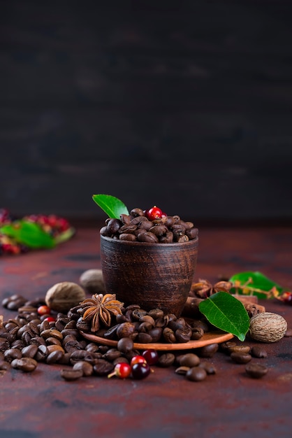 Coffee bean on black stone background