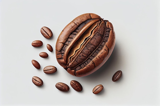 A coffee bean is laying on a table with a few coffee beans scattered around.